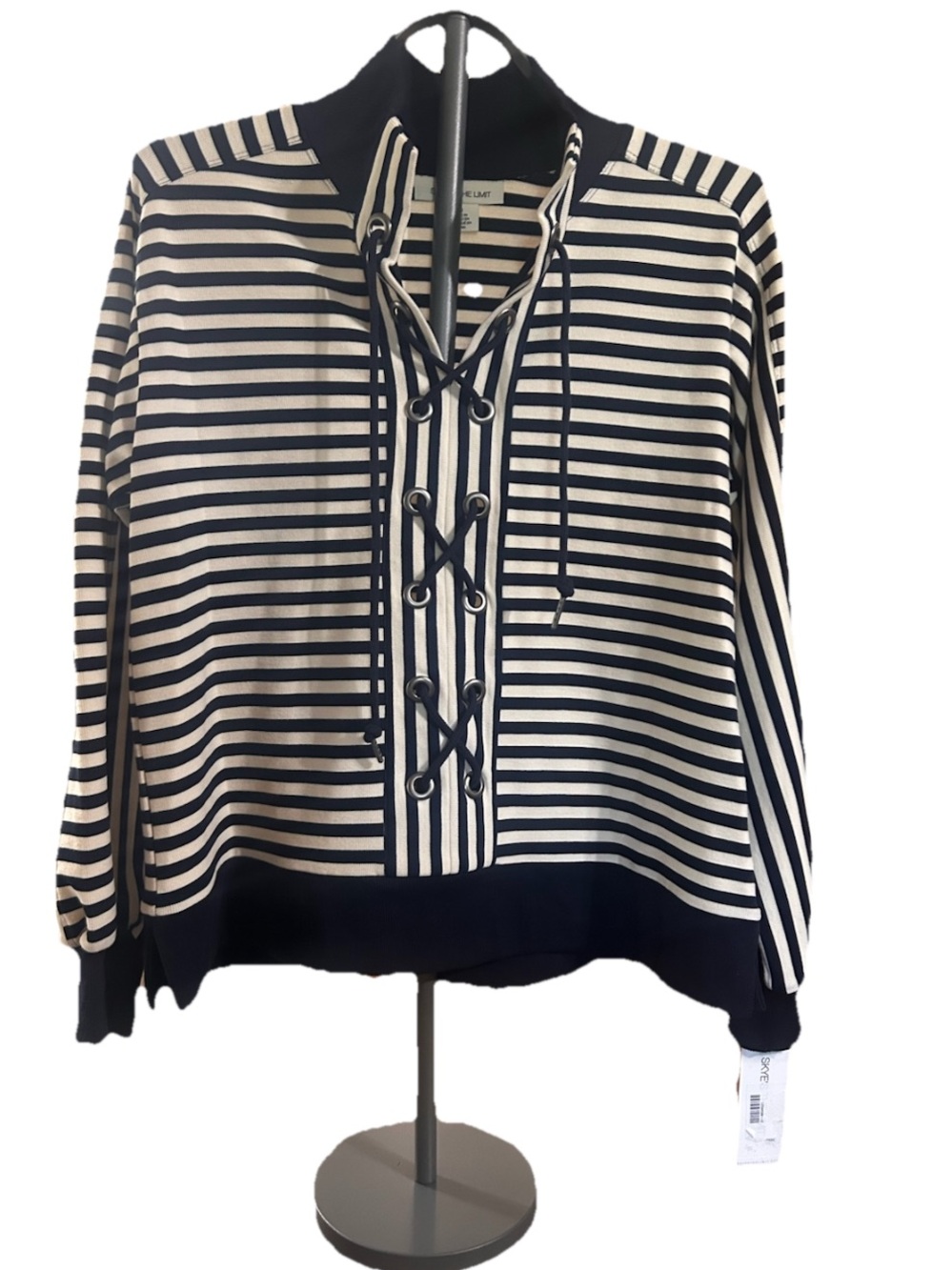 Skye's the Limit Navy and White Striped Lace-Up Pullover